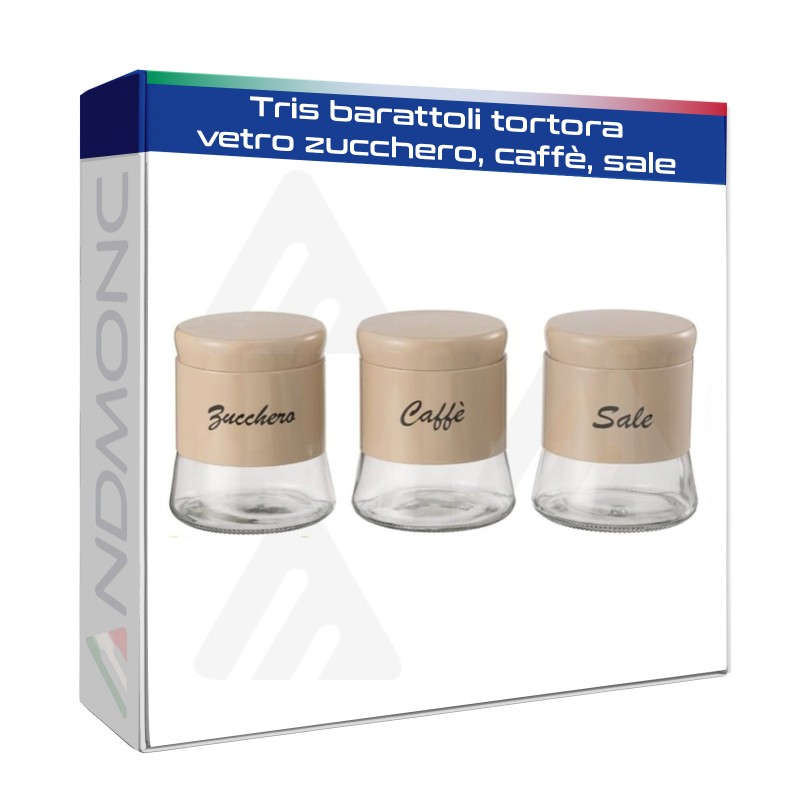 Tris barattoli tortora vetro zucchero, caffè, sale