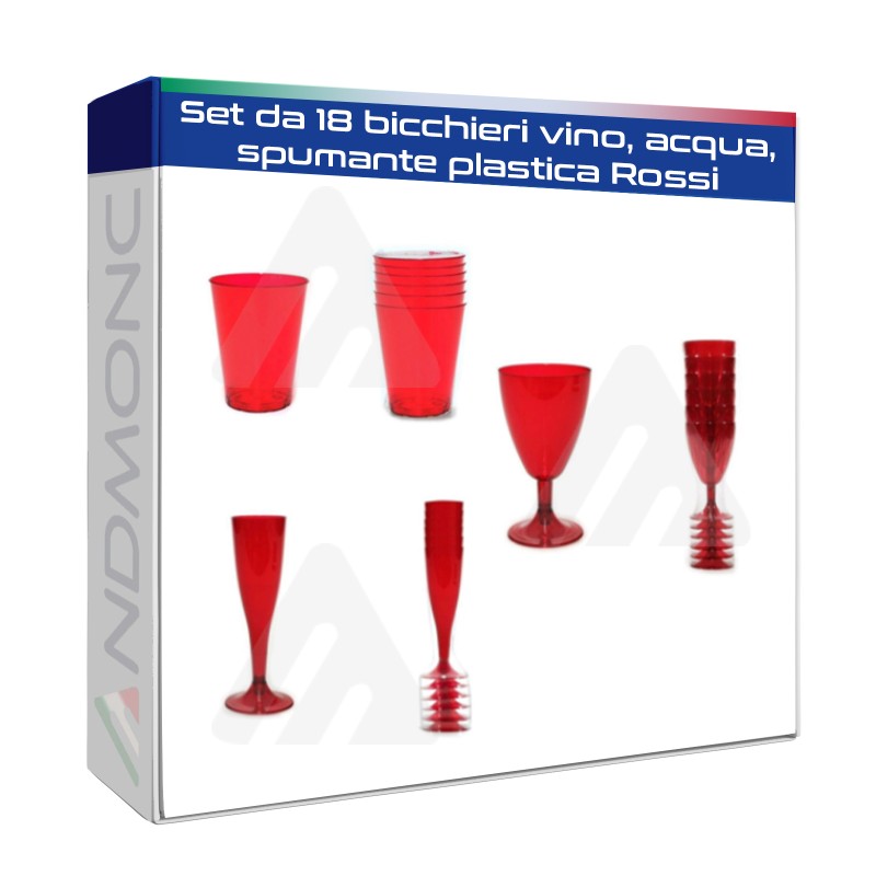 Set da 18 bicchieri vino, acqua, spumante plastica Rossi