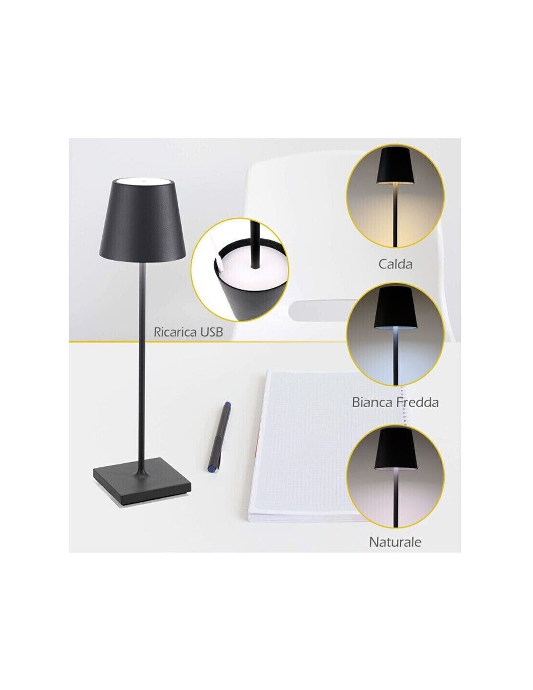 Lampada da Tavolo LED Senza Fili Ricarica USB-C™ Dimmerabile in Metallo  Bianco - TECHLY - I-LED LAMP-WH