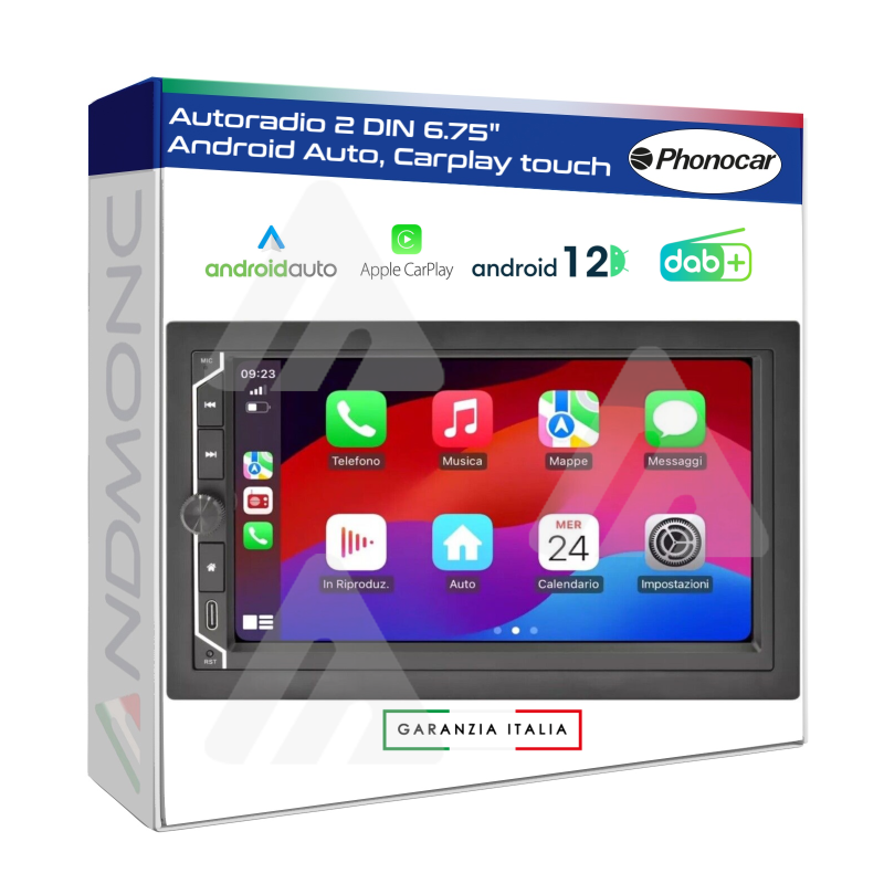 Autoradio 2 DIN Andrid, Apple Carplay e Android Auto 6.75" Touch 12V Phonocar art.VM018