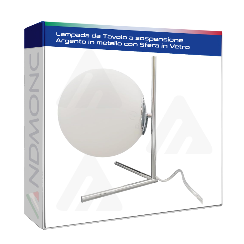 Lampada da Tavolo a sospensione Argento in metallo con Sfera in Vetro bianco attacco E27 design moderno