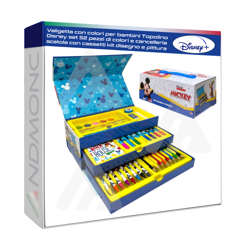 Valigetta con colori per bambini Topolino Disney set 52 pezzi di colori e cancelleria scatola con cassetti kit disegno e pittura