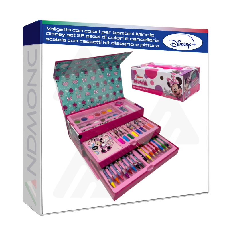 Valigetta con colori per bambini Minnie Disney set 52 pezzi di colori e cancelleria scatola con cassetti kit disegno e pittura