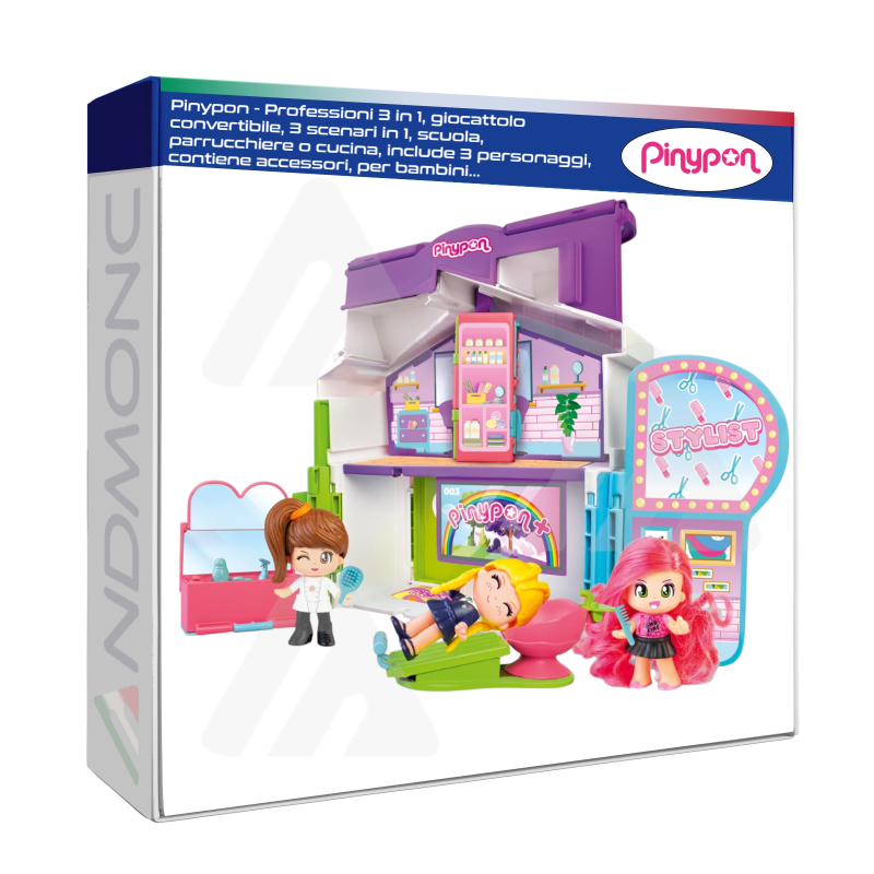 Pinypon - Professioni 3 in 1, giocattolo convertibile, 3 scenari in 1, scuola, parrucchiere o cucina