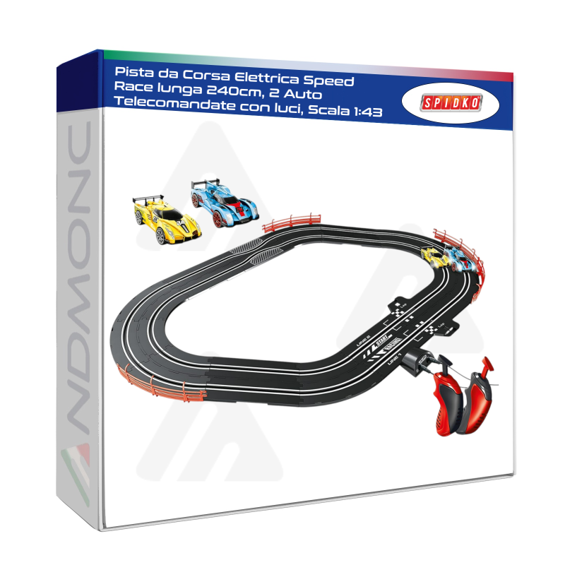 Pista da Corsa Elettrica Speed Race lunga 240cm, 2 Auto Telecomandate con luci, Scala 1:43