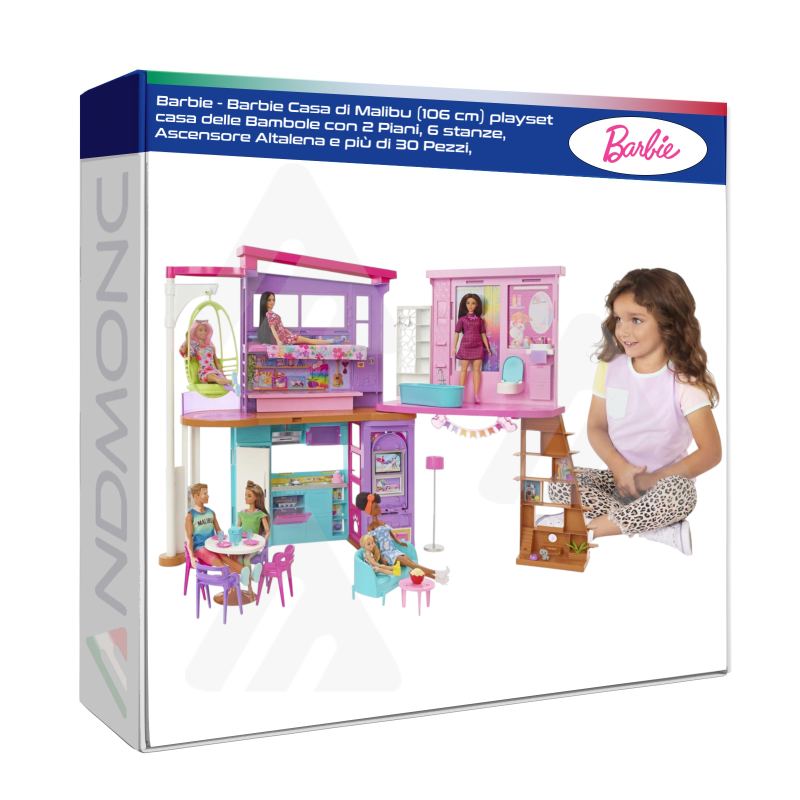 Barbie - Barbie Casa di Malibu (106 cm) playset casa delle Bambole con 2 Piani, 6 stanze, Ascensore Altalena e più di 30 Pezzi