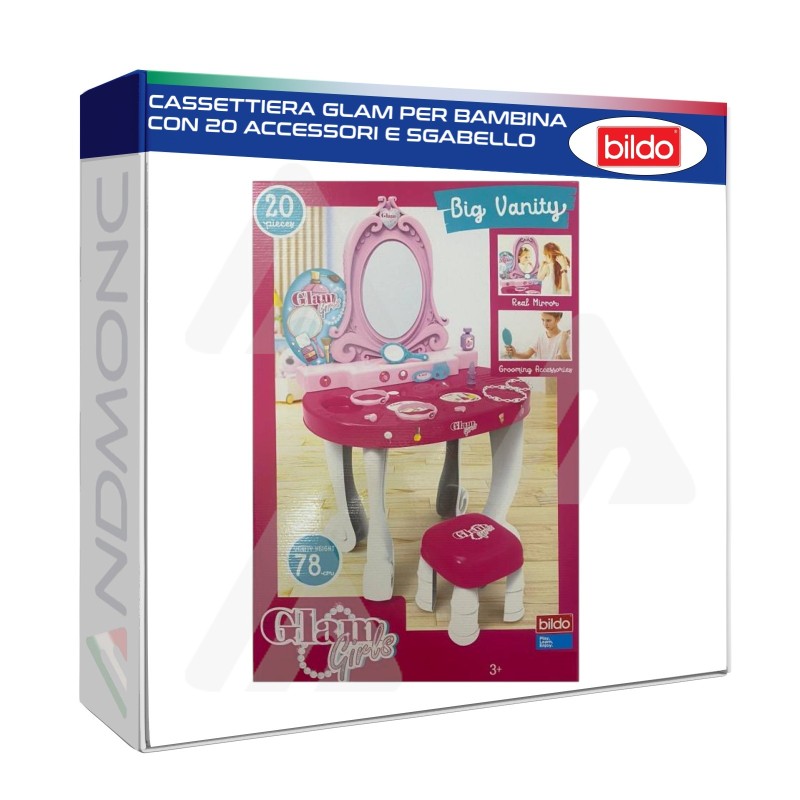 Cassettiera glam per bambina con 20 accessori e sgabello