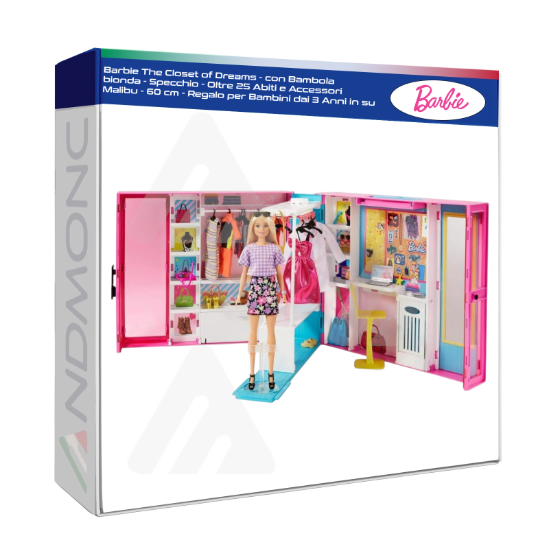 Barbie The Closet of Dreams - con Bambola bionda - Specchio - Oltre 25 Abiti e Accessori Malibu - 60 cm