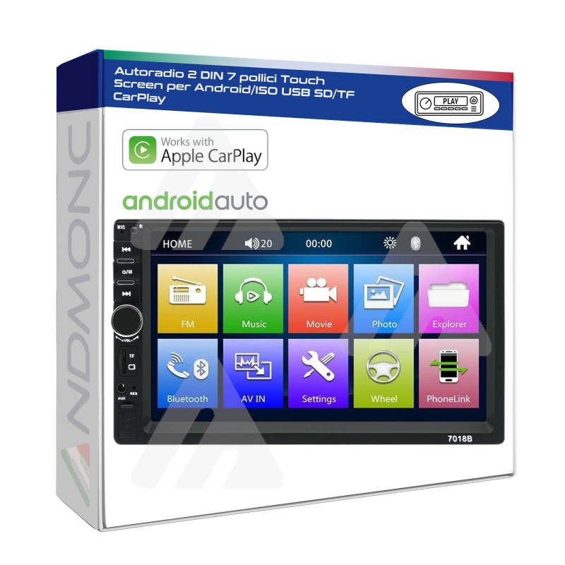 Autoradio 2 DIN 7 pollici Touch Screen per Android/ISO USB SD/TF CarPlay