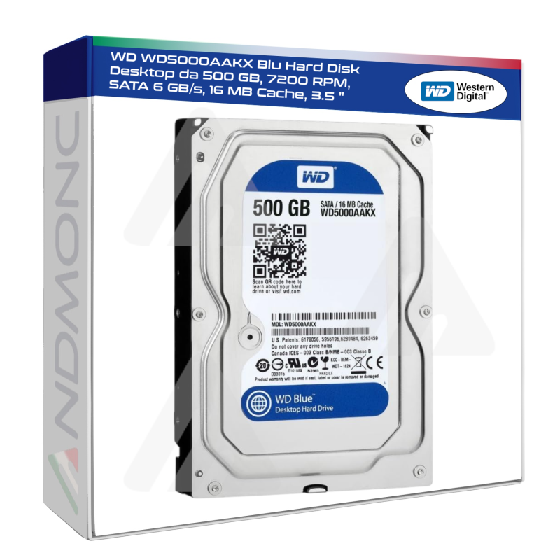 WD WD5000AAKX Blu Hard Disk Desktop da 500 GB, 7200 RPM, SATA 6 GB/s, 16 MB Cache, 3.5 "