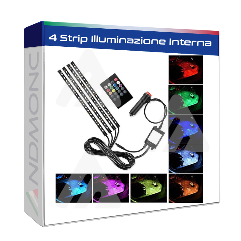 Striscia LED Interni Auto RGB 4 Strip Luminose Adesive 72 LED Impermeabile