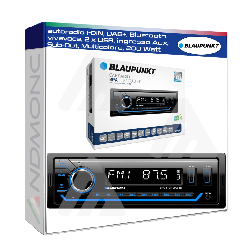 Blaupunkt autoradio 1-DIN, DAB+, Bluetooth, vivavoce, 2 x USB, ingresso Aux, Sub-Out, Multicolore, 200 Watt