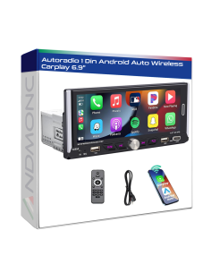 Autoradio 1 DIN Touch android auto wireless carplay 6.9" MP3 gps navigazione