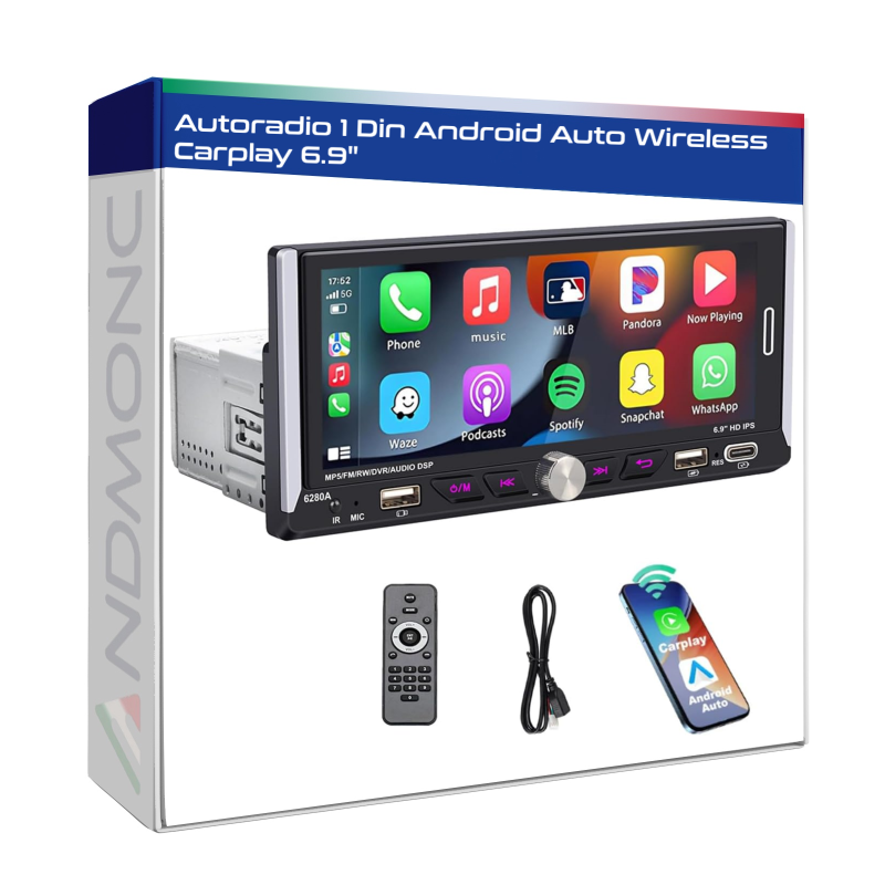 Autoradio 1 DIN Touch android auto wireless carplay 6.9" MP3 gps navigazione